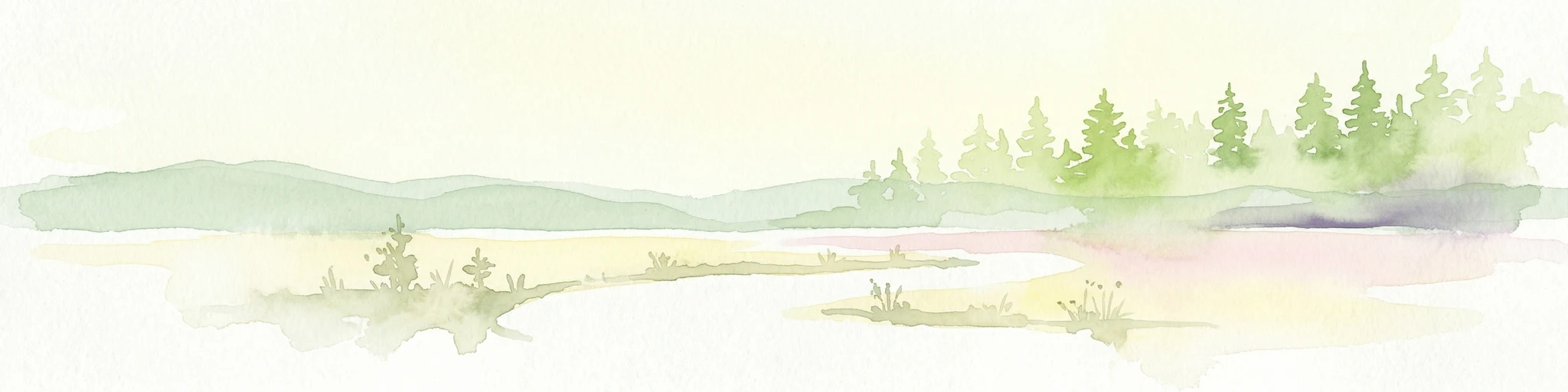 Ilustración de acuarela de un paisaje de pantano con árboles verdes, un cuerpo de agua y colinas onduladas al fondo