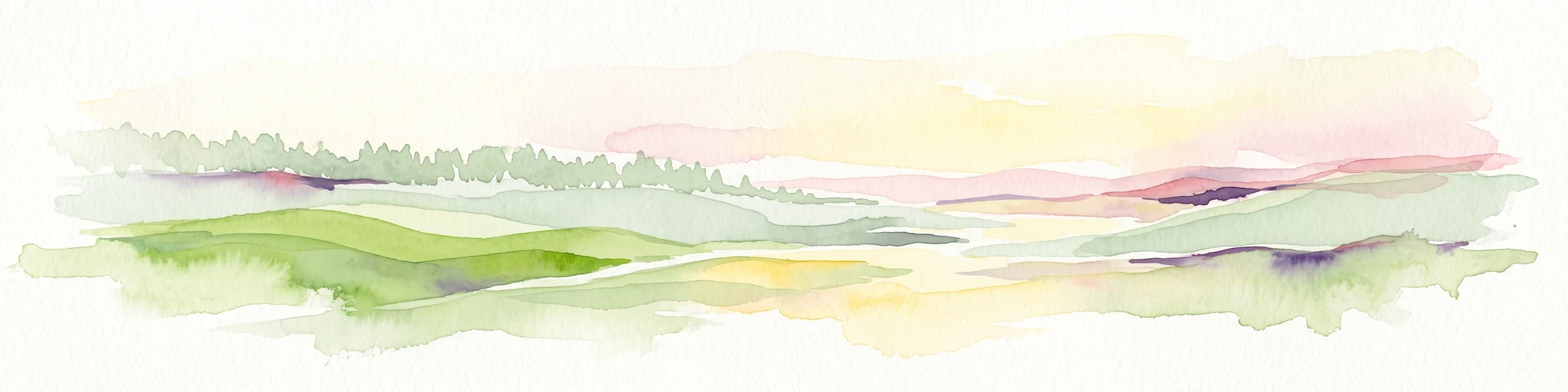 A soft watercolor painting of a wide, rolling grassy landscape with a pale sky and hints of a treeline in the distance.