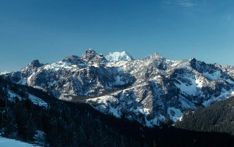 A wide, scenic view of the jagged, snow-covered Seven Devils Mountains under a clear blue sky, with forested slopes visible in the foreground.