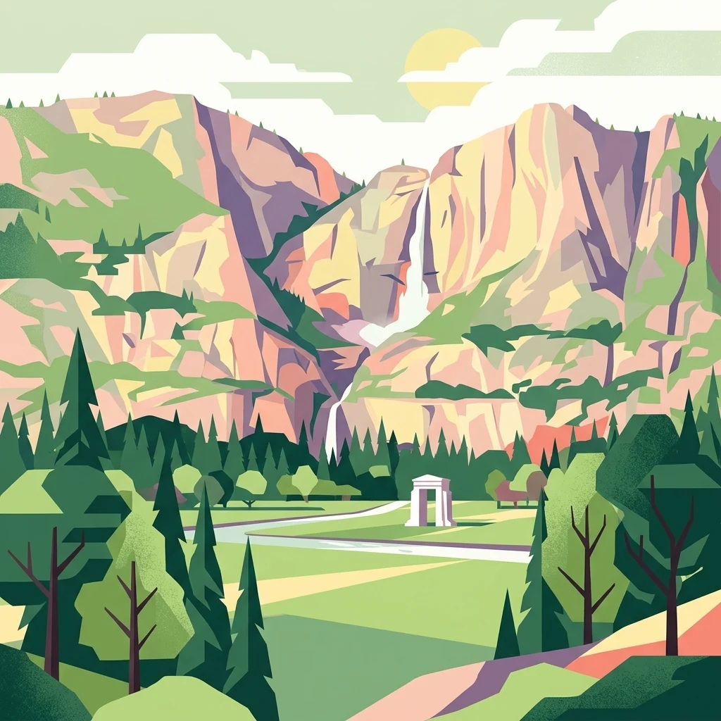 A graphic illustration of a sunny mountain valley with a waterfall in the background and a simple white stone arch in the foreground.
