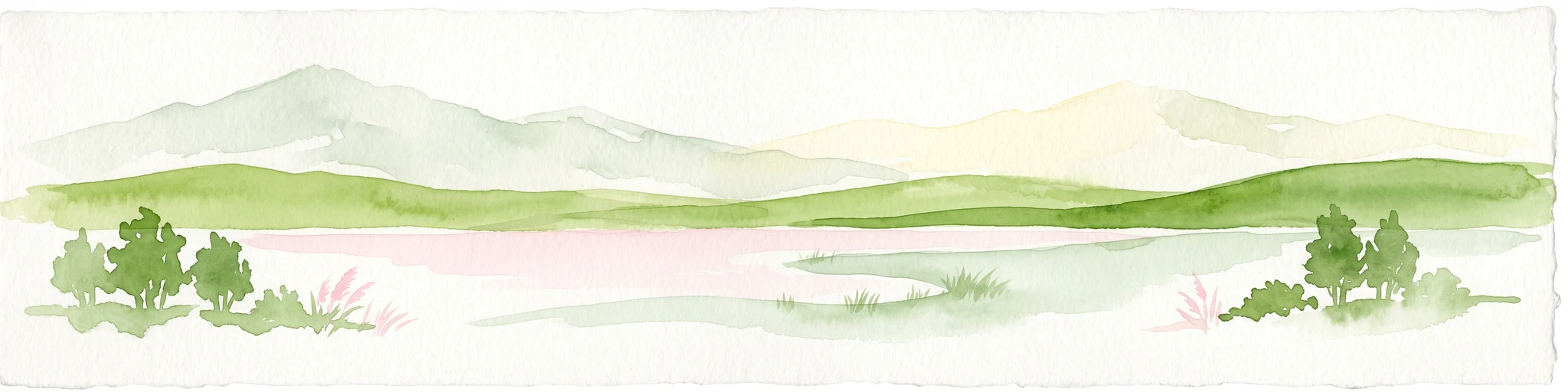 Una pintura horizontal en acuarela que representa un paisaje de tonos suaves con árboles verdes, colinas onduladas, una masa de agua tranquila y montañas pálidas a lo lejos.
