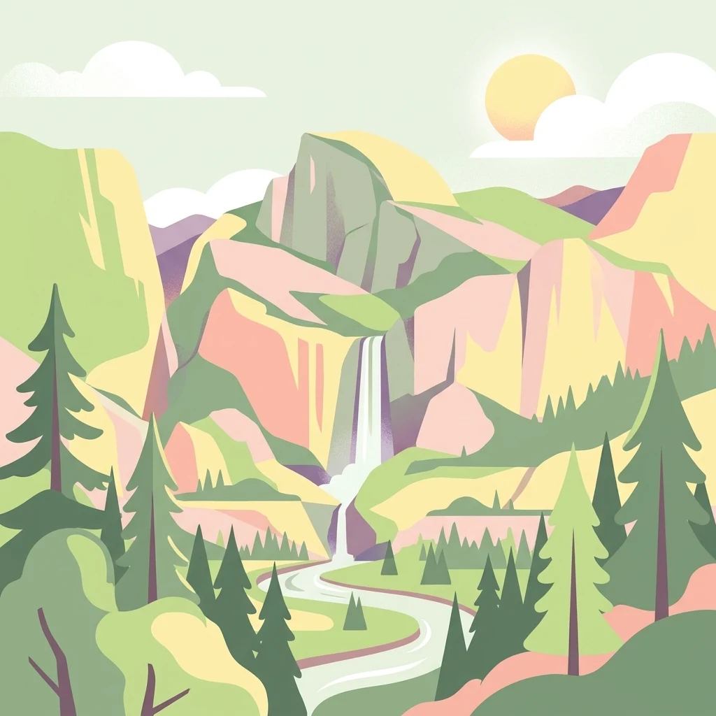 An artistic, flat-style digital illustration of a mountain valley scene, featuring a tall waterfall cascading down rocky cliffs into a winding river surrounded by coniferous trees and soft, pastel-toned hills.