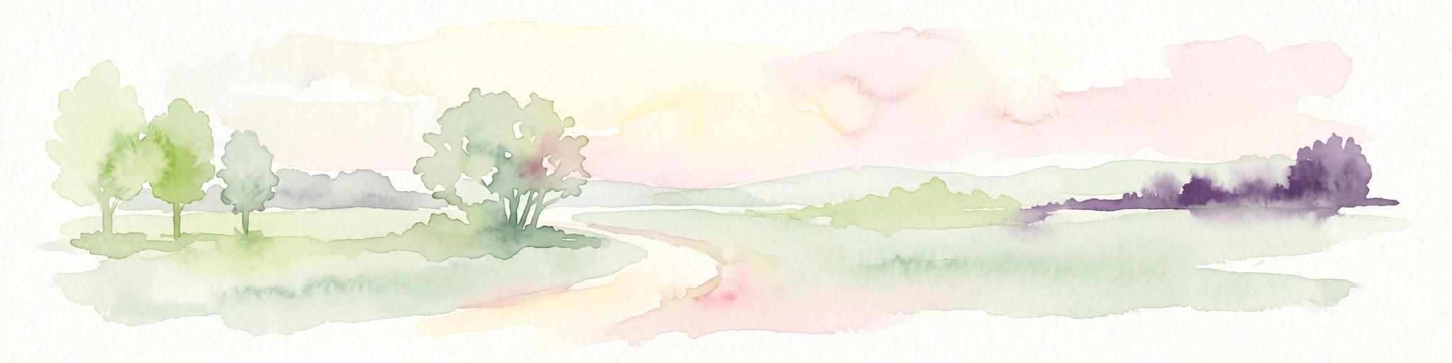 Una acuarela pálida y horizontal que muestra una llanura aluvial cubierta de hierba, árboles caducifolios dispersos, un suave sendero o arroyo que serpentea por el centro y un cielo de tonos pastel.