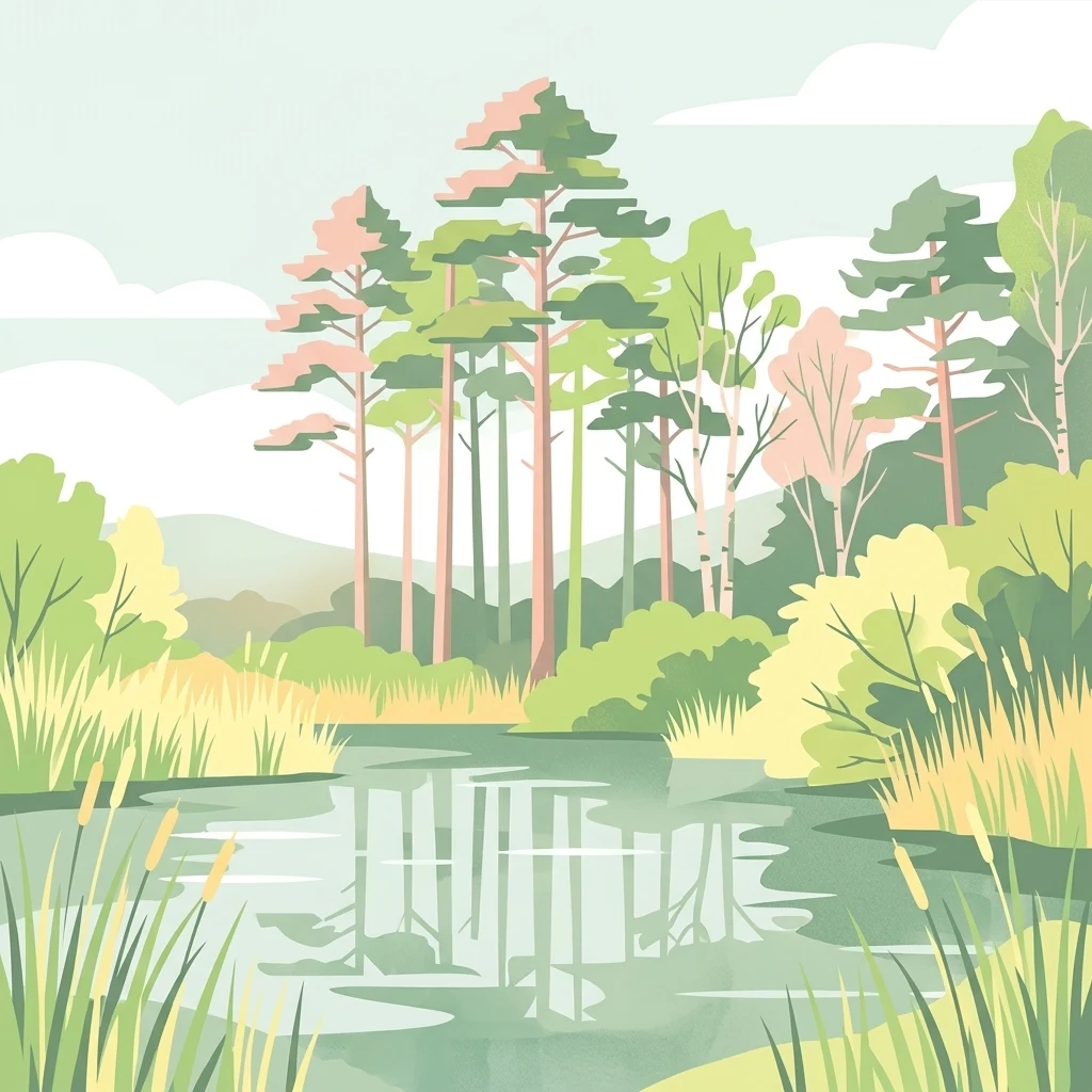 A flat-style digital illustration depicting a calm pond reflecting tall pine trees and surrounded by reeds and wetland vegetation under a soft, light-colored sky.
