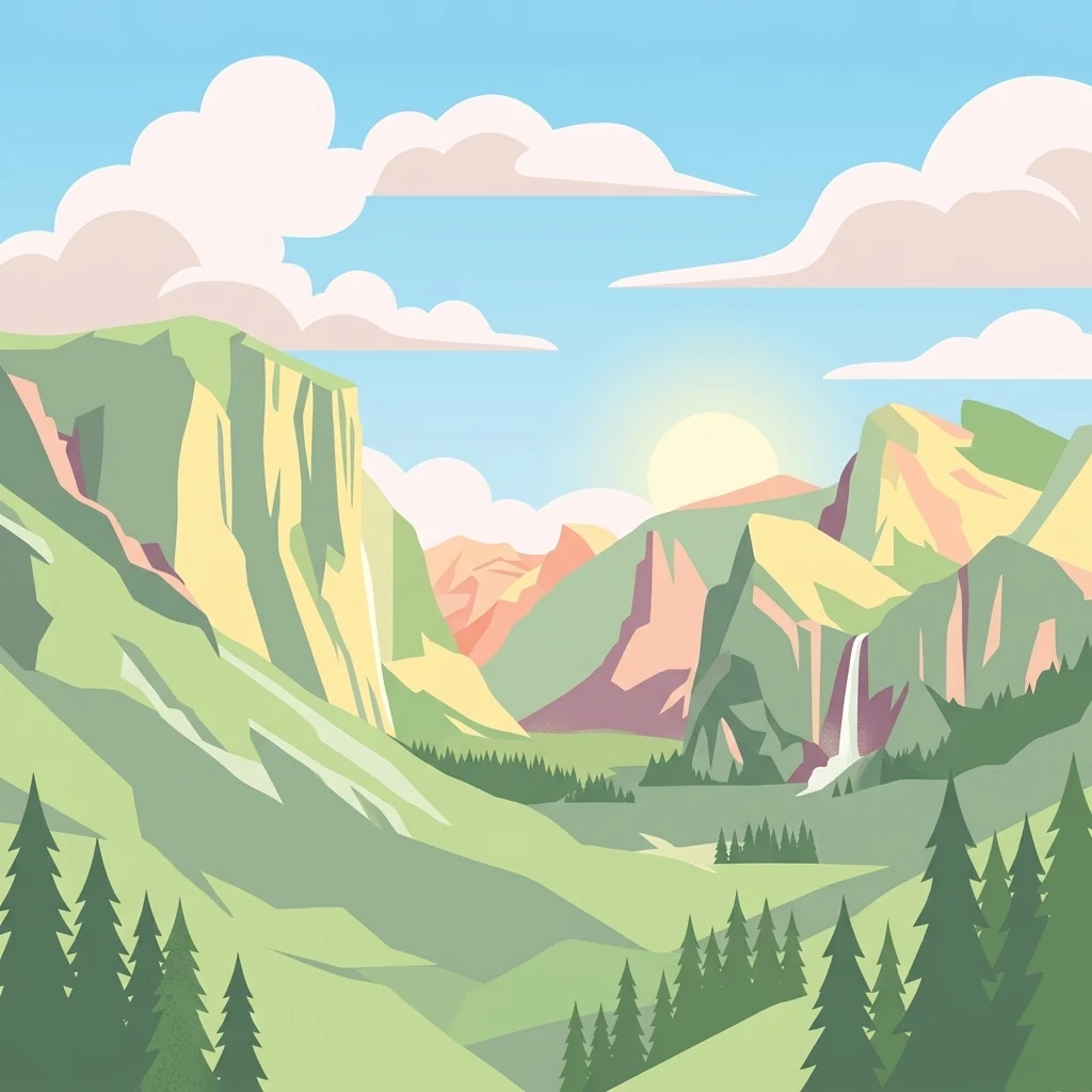 Una ilustración digital de estilo plano de un valle montañoso verde con pinos, acantilados escarpados, una cascada lejana y un sol brillante en un cielo azul con nubes suaves.