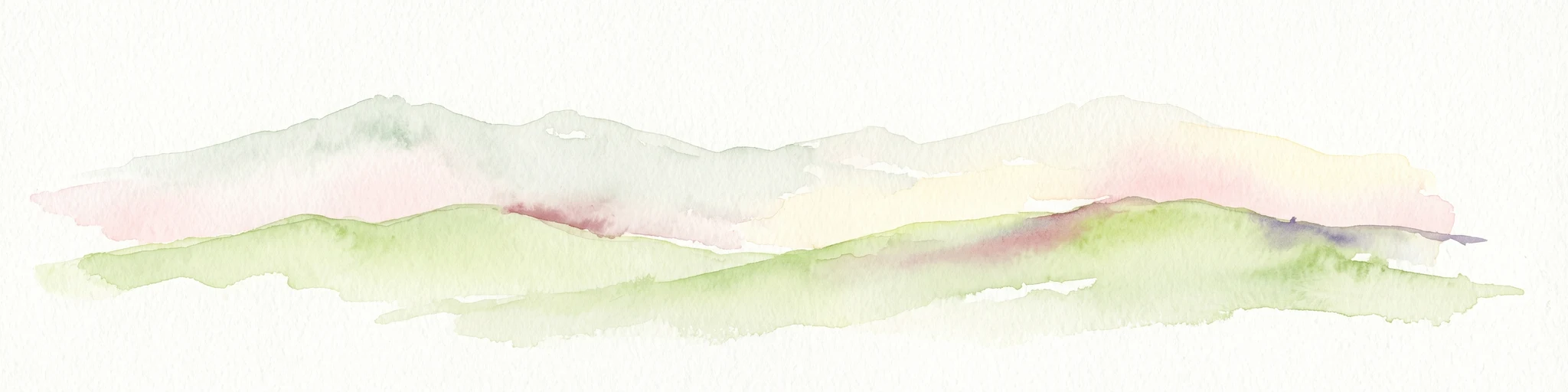 A soft watercolor painting of stylized, rolling green hills against a white background.