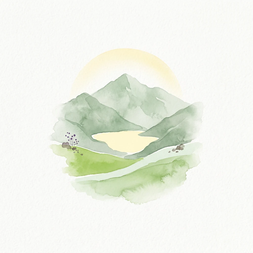 Watercolor illustration of a mountain range with a lake and a sun in the background