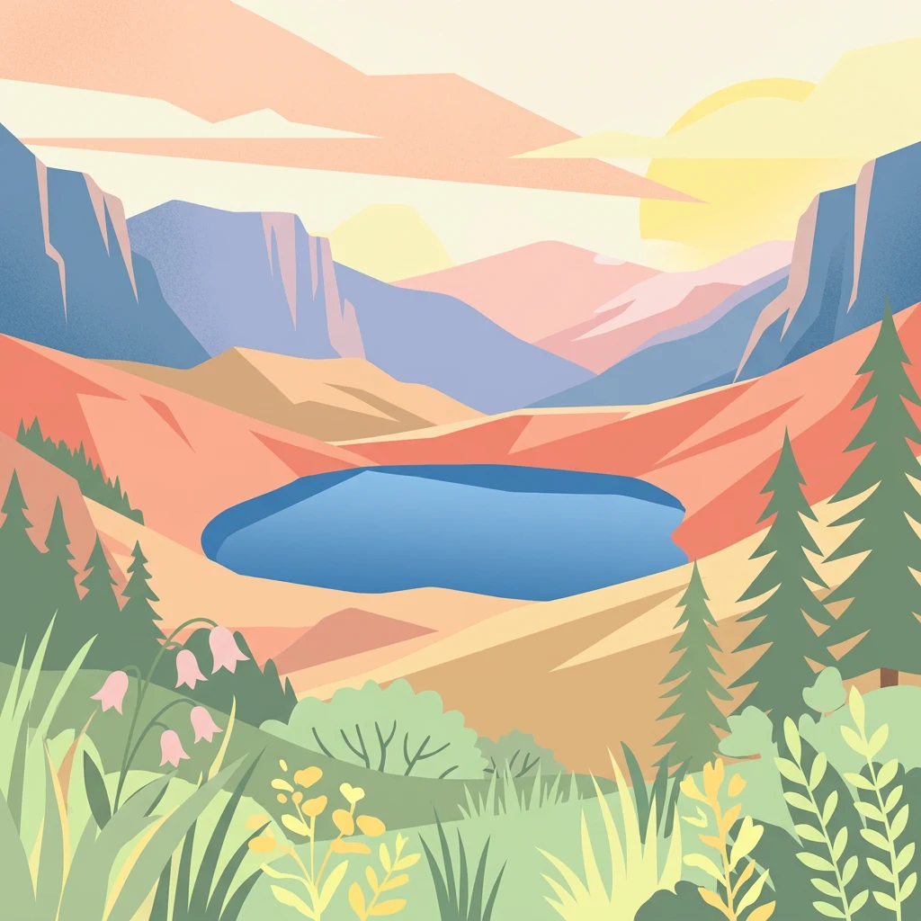 Ilustración que muestra un lago azul enclavado entre pinos y montañas con un cielo al atardecer