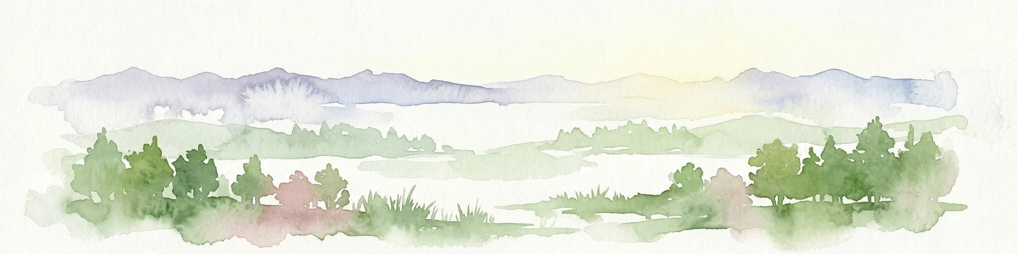 Pintura de acuarela de un paisaje con árboles verdes, colinas onduladas y montañas distantes bajo un cielo claro