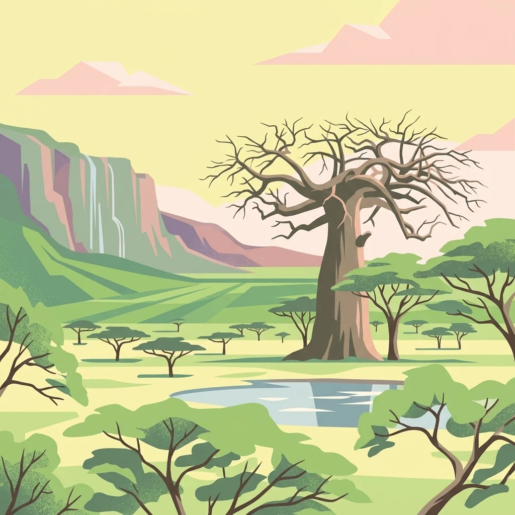 A flat-style digital illustration of an African savannah landscape with a large, leafless baobab tree in the center, smaller acacia trees, a pond, and a dramatic mountain ridge under a soft yellow sky.