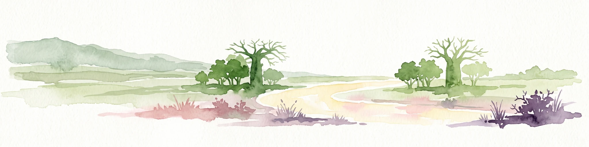 A watercolor painting showing a wide, panoramic landscape featuring dry, open terrain, low rolling hills in the background, and sparse vegetation, including distinctive baobab trees.