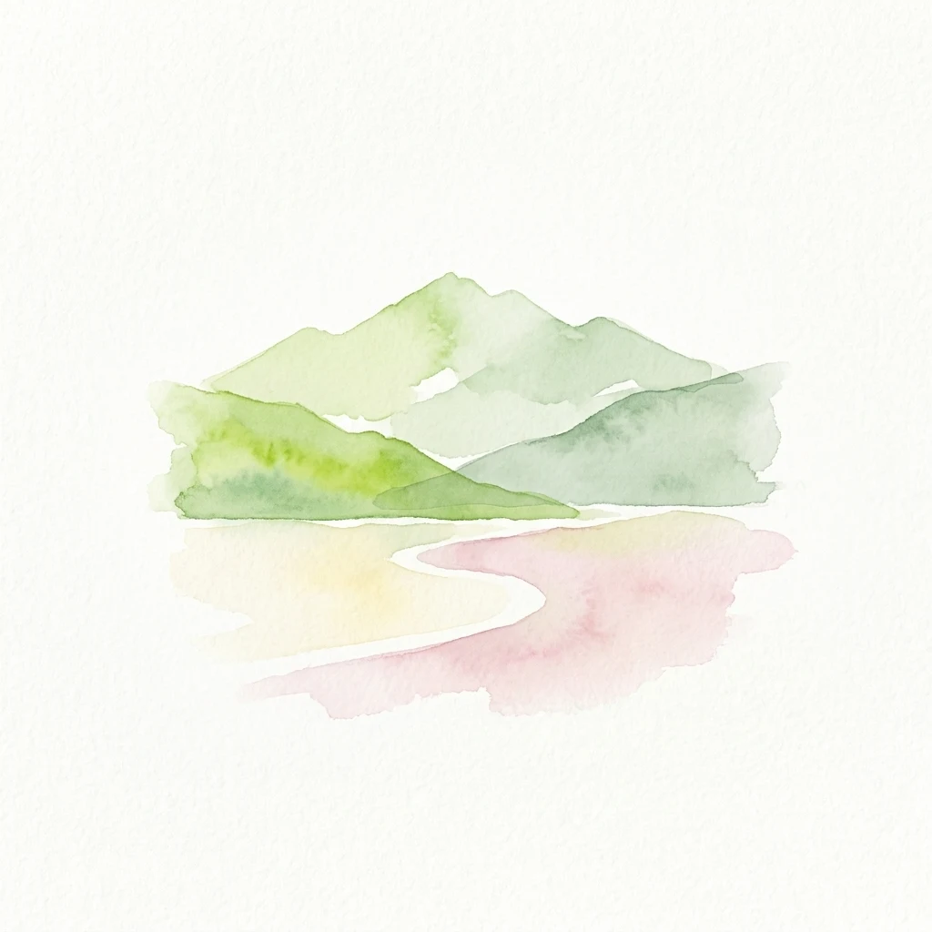 Watercolor illustration of green mountains reflecting in a winding pink and yellow river
