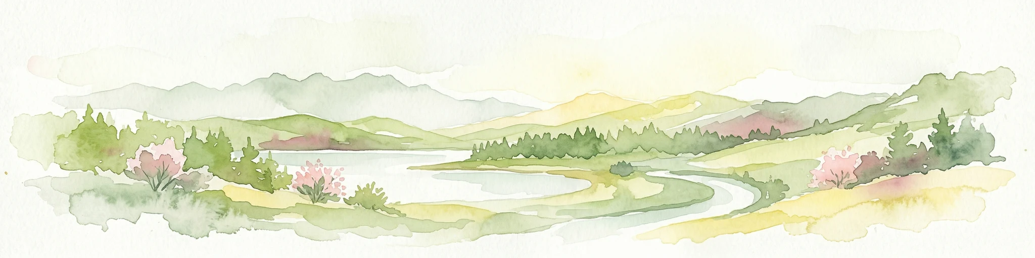 Ilustración en acuarela de un río serpenteando a través de un valle con montañas, bosques y árboles de floración rosa.