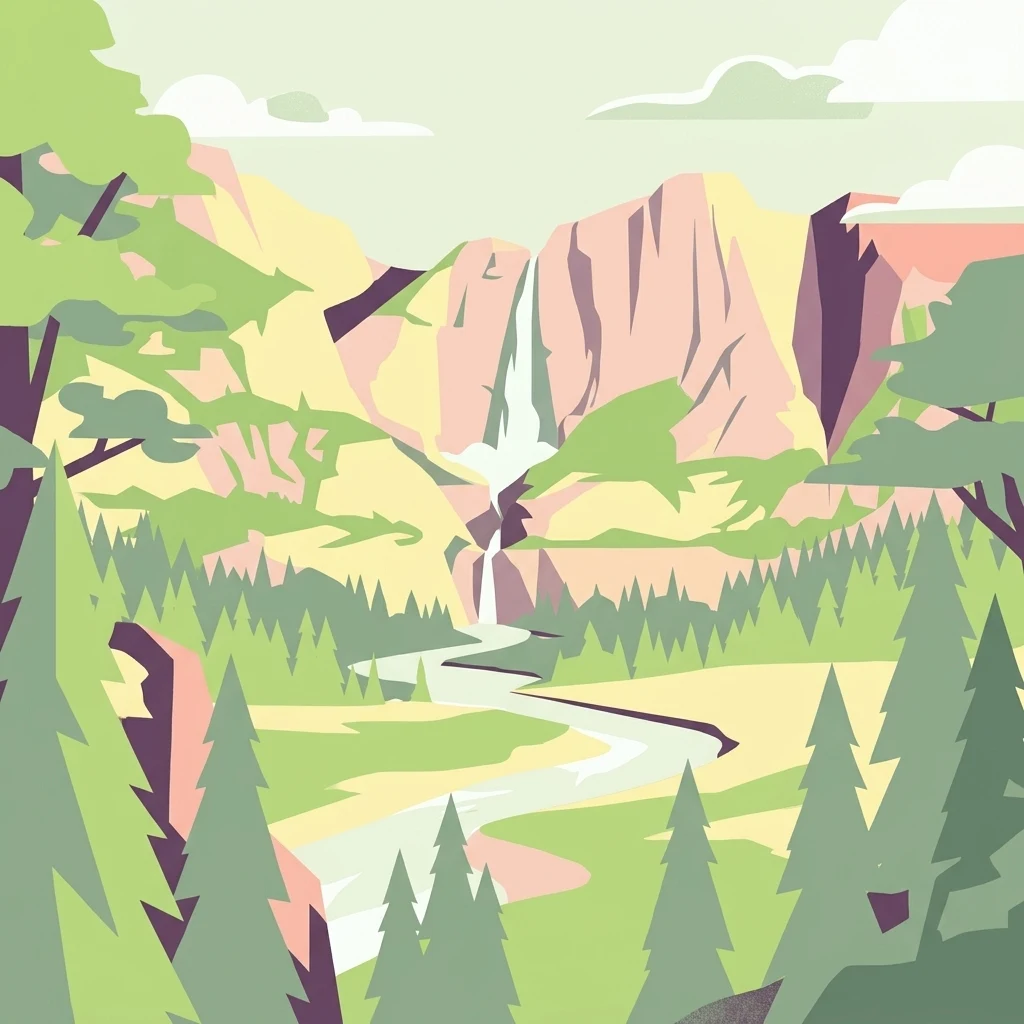 A graphic illustration showing a mountain valley with a waterfall cascading down rocky cliffs into a winding river through a pine forest.