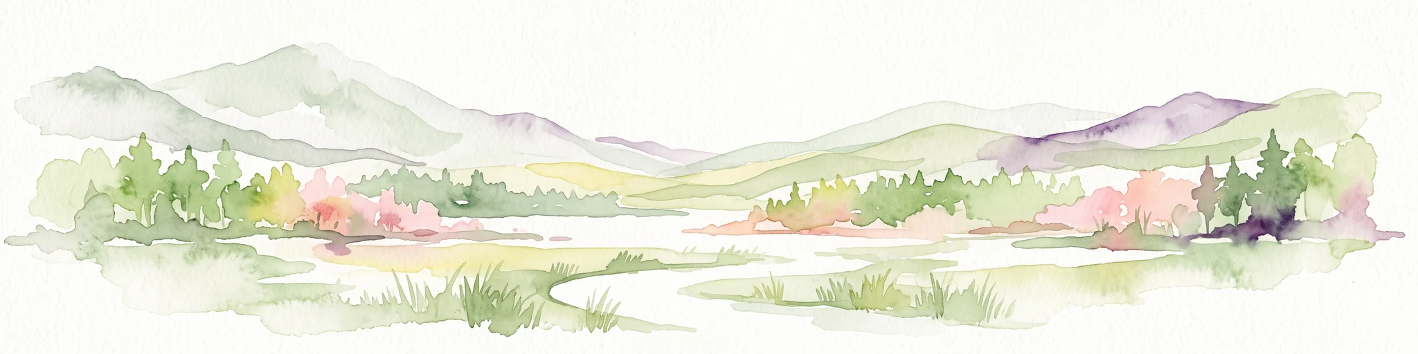 A horizontal watercolor painting depicting a landscape with soft, rolling hills in the background, a band of mixed forest with hints of autumn foliage in the midground, and a winding stream flowing through wetland grasses in the foreground.