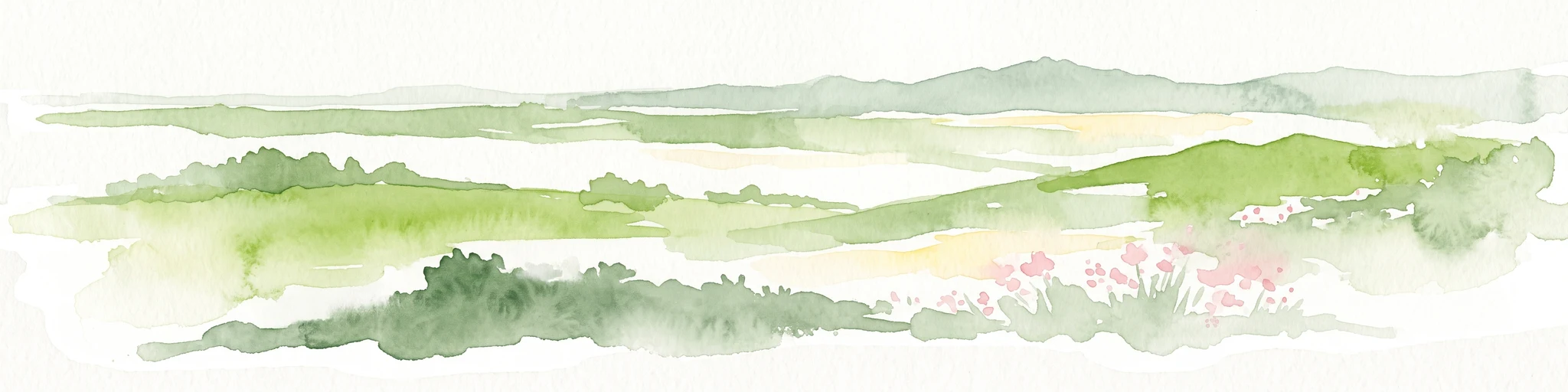 Watercolor painting of a green, rolling hillside landscape with faint pink floral details in the foreground.