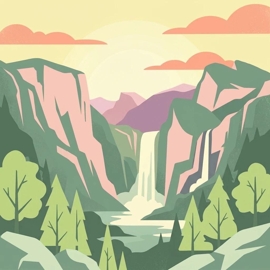 An illustrative style image of a dramatic mountain valley featuring cliffs, two waterfalls, and a forested foreground at sunset.
