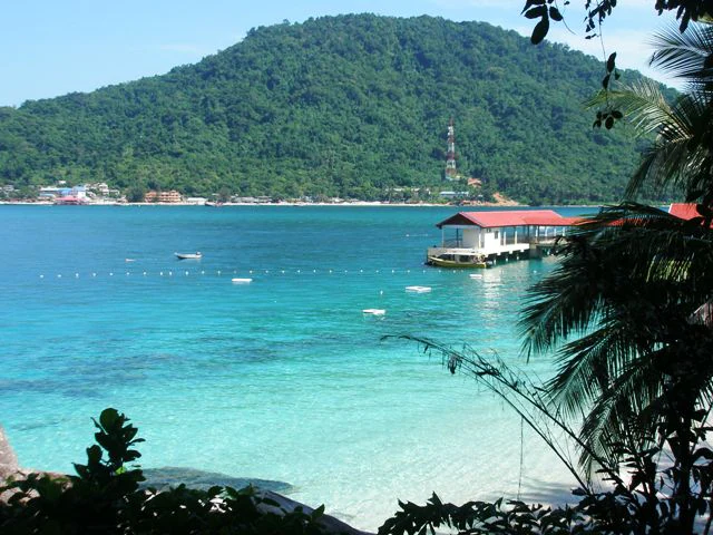 A view from a forested shoreline looking across a clear turquoise bay toward a lush green island with a pier and a communication tower visible on the hillside.