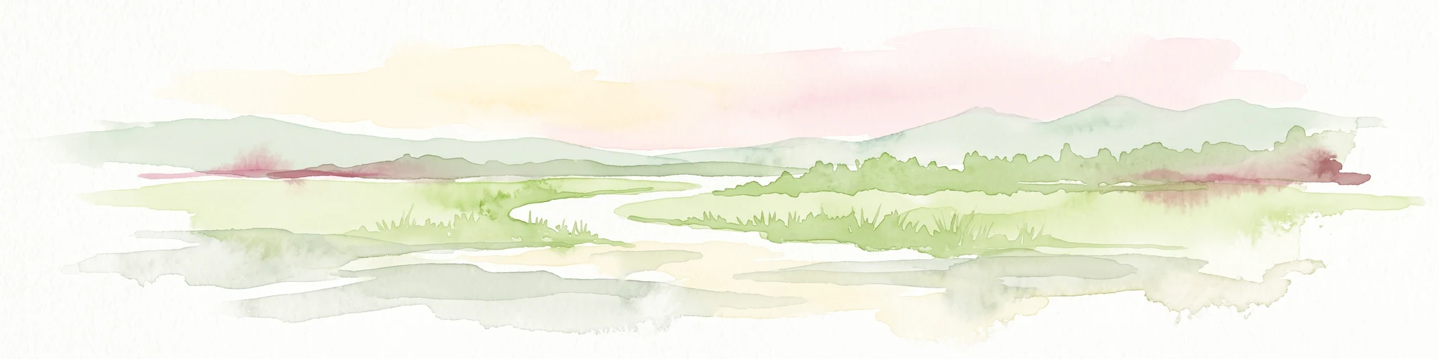 A horizontal watercolor illustration showing a winding river through a flat, green landscape with distant hills under a soft pink and yellow sky.