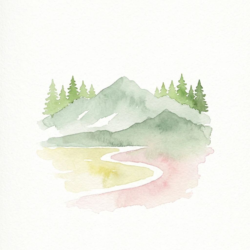 Watercolor painting showing green mountains, trees, and a winding river with a colorful shoreline.