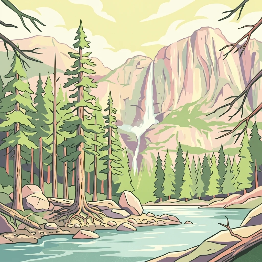 Illustration of a forested landscape with a waterfall, lake, and mountains.