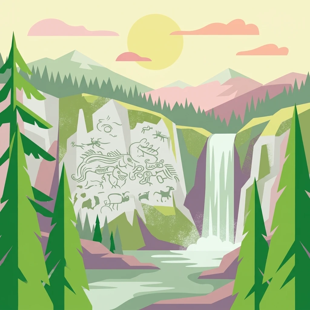 Una ilustración plana y colorida de un paisaje montañoso con un prominente acantilado cubierto de petroglifos estilizados; una cascada desciende hasta un arroyo en primer plano, enmarcada por pinos bajo un cielo al atardecer.