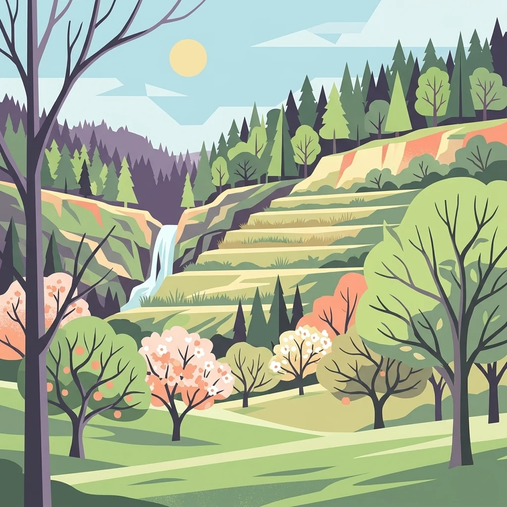 Una ilustración digital de estilo plano de un paisaje en terrazas con árboles frutales en flor en primer plano, una cascada suave en el plano medio y un denso bosque de coníferas que cubre las colinas bajo un sol suave.