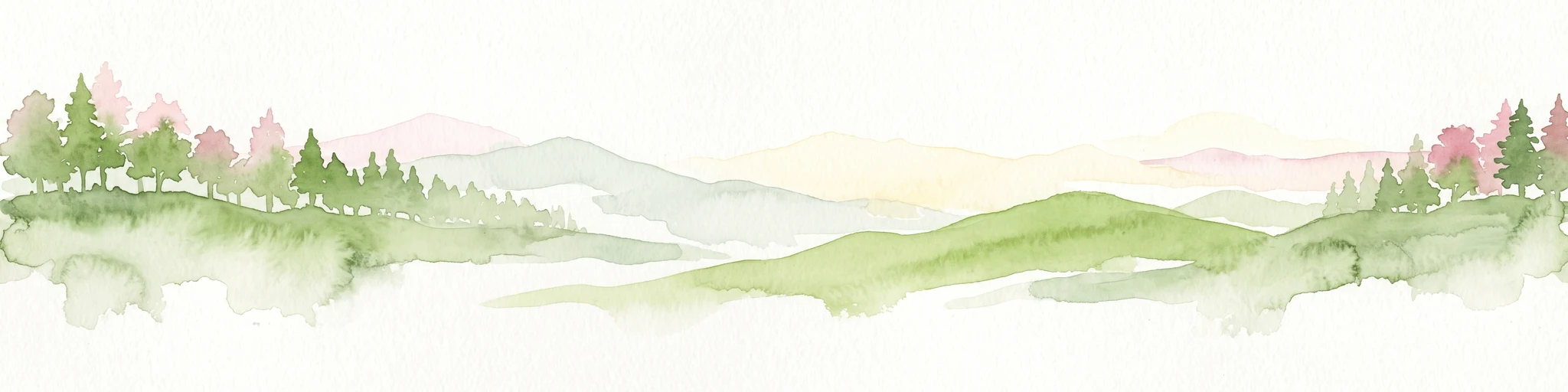 Watercolor painting of a green, rolling landscape with forested hills and a soft, hazy background.