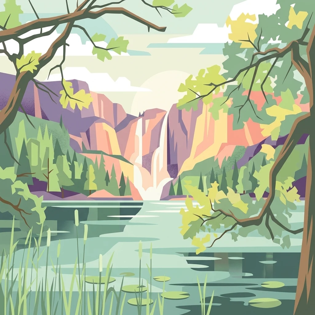 Una ilustración de diseño plano y estilizado de un lago tranquilo con nenúfares en primer plano, enmarcado por árboles a ambos lados, que conduce a una cascada lejana flanqueada por montañas bajo un sol suave.