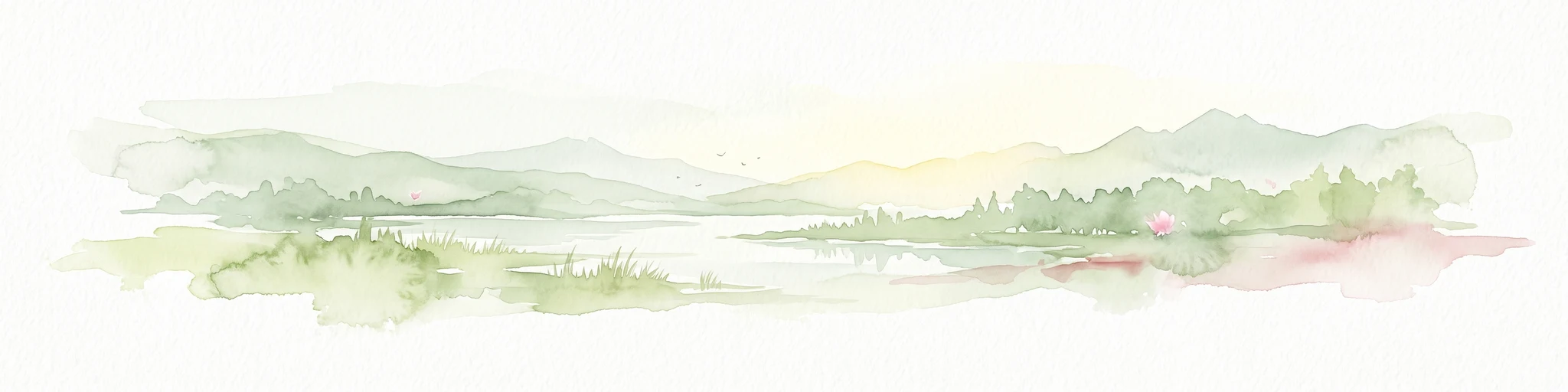 A pale, soft watercolor illustration depicting a calm lake landscape with green hills, trees, and marshy shoreline on a white background.