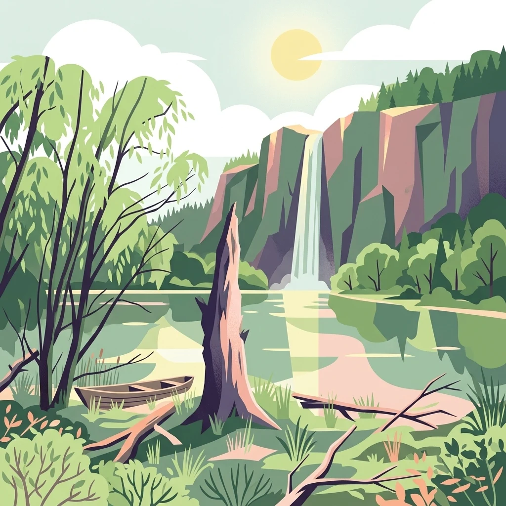 A digital illustration showing a calm river flowing past a cliff with a waterfall, a wooden rowboat on the bank, a dead tree stump, and surrounding lush vegetation under a sunny sky.