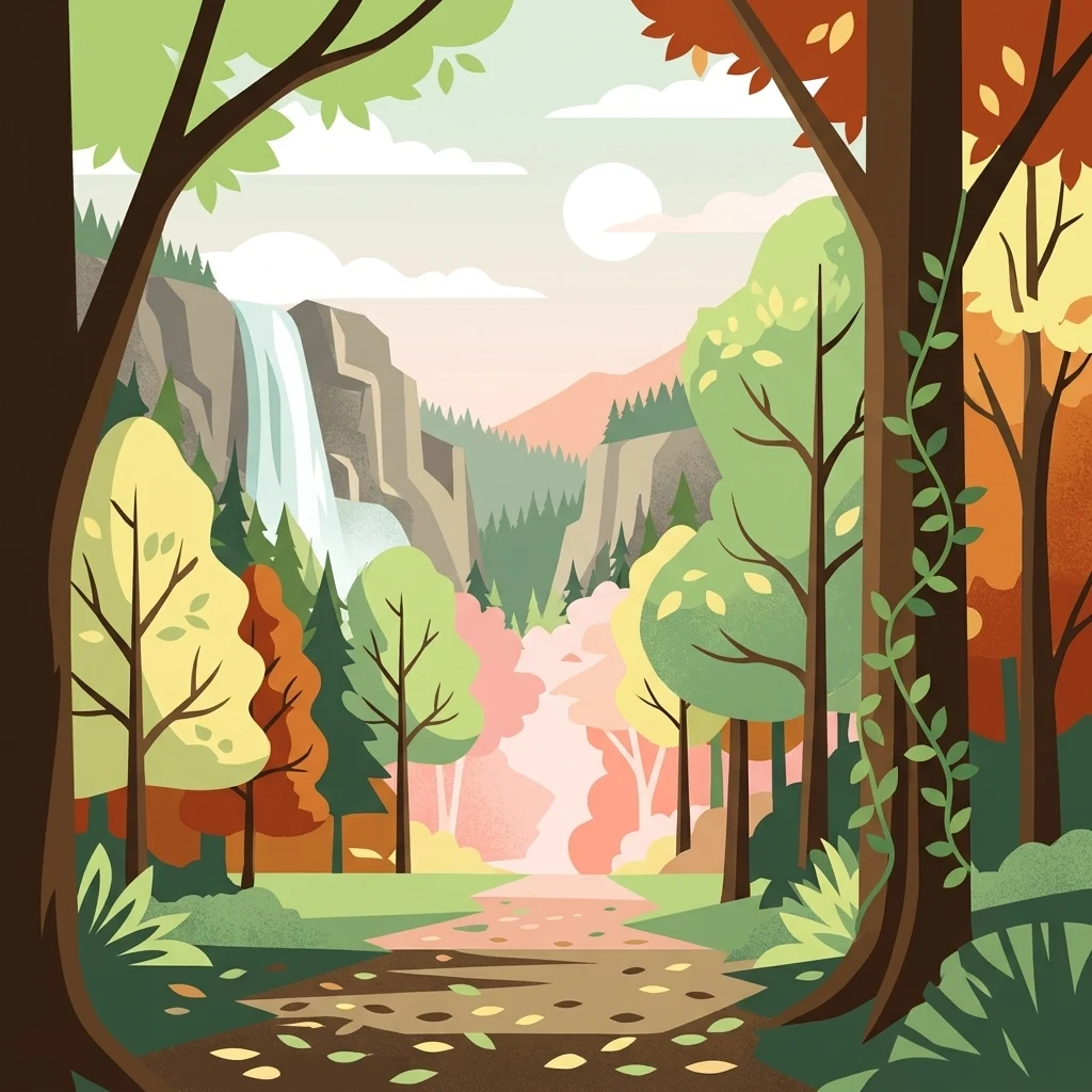 A colorful, flat-style vector illustration showing a view through trees into a mountain valley. A waterfall descends a rocky cliff on the left, and a path lined with fallen leaves winds through the center of a lush, wooded area with varied autumn and spring-like foliage.