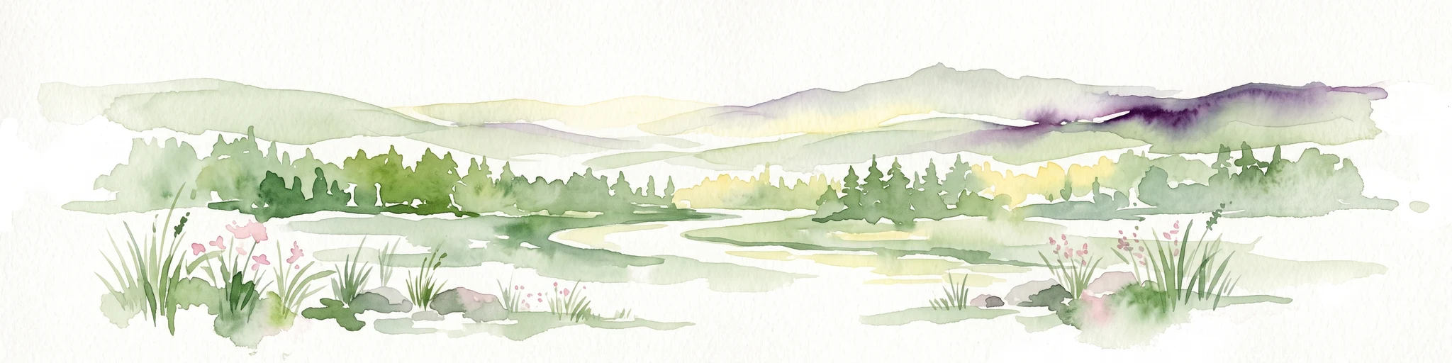 A watercolor illustration of a soft, rolling landscape featuring distant hills, forested midground, and a central winding meadow or stream area with wildflowers in the foreground.