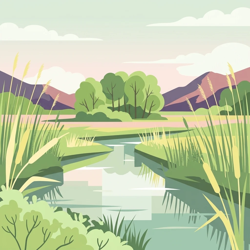 A stylized digital illustration of a wetland scene with a calm, winding stream, lush green reeds, trees, and soft hills in the background under a pale, muted sky.