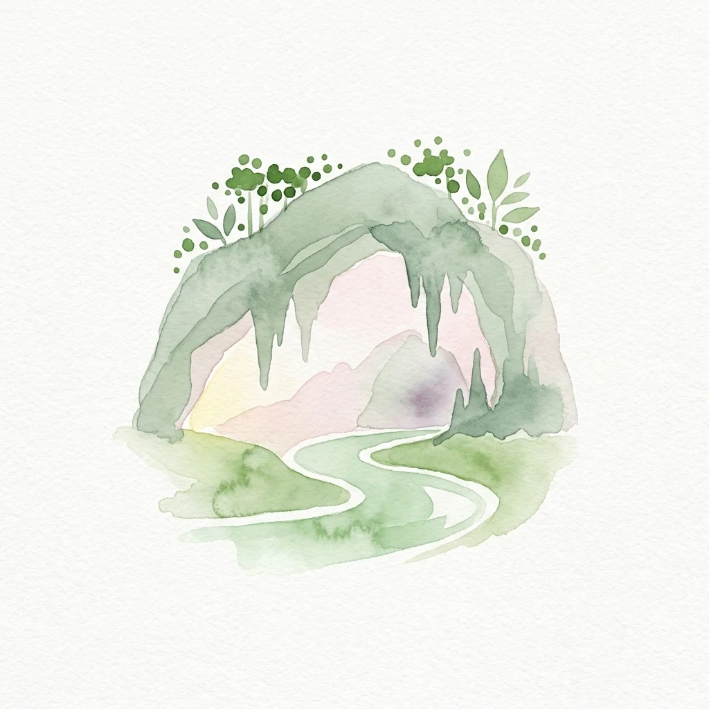 Watercolor illustration showing a cave entrance with a winding river and greenery