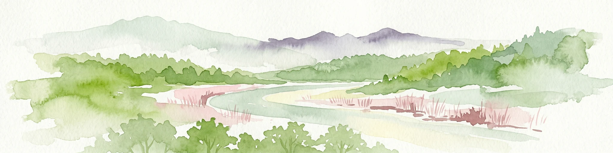 Ilustración en acuarela de un río que fluye a través de un valle con bosques verdes y montañas distantes