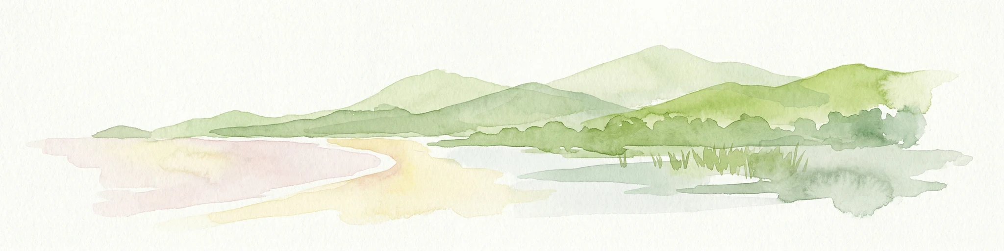 Ilustración acuarela de una playa de arena con aguas tranquilas y paisaje montañoso al fondo