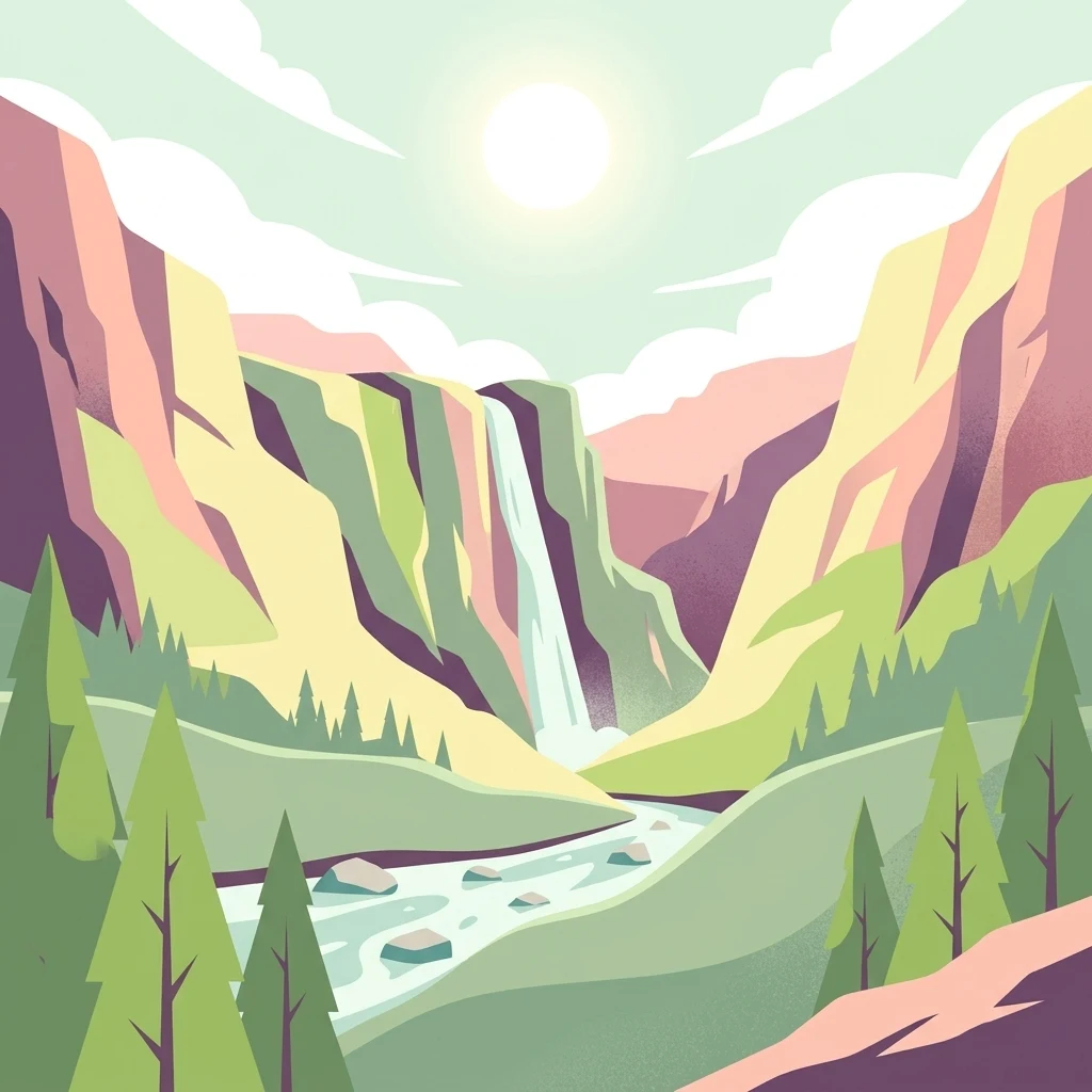 A flat-style vector illustration of a mountain valley scene, showing a waterfall cascading between cliffs into a river with evergreen trees in the foreground and a bright sun in the sky.
