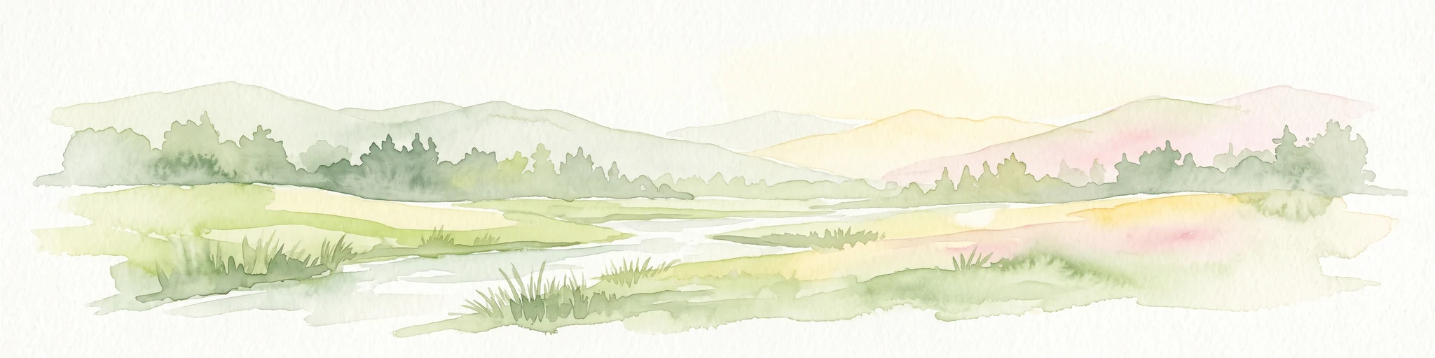 A horizontal watercolor painting showing a soft alpine meadow with a stream running through it, framed by distant rolling mountains and patches of trees.
