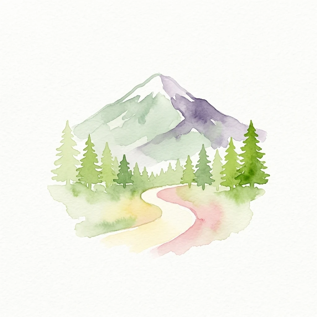 Watercolor illustration showing a mountain with a winding path through pine trees and a snow-capped peak