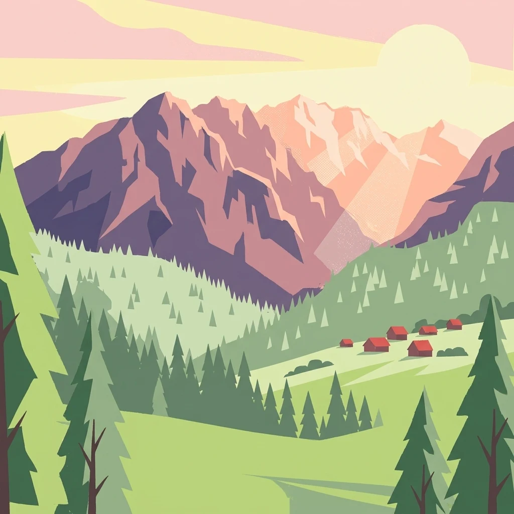Cordillera montañosa ilustrada con picos rocosos, laderas verdes boscosas y edificios de tejado rojo bajo un cielo rosa y amarillo