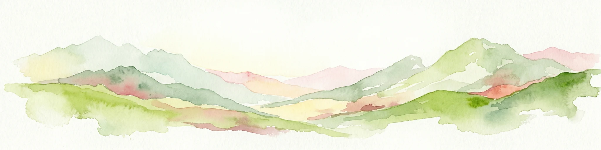 Ilustración de acuarela de cordilleras con picos de colores verdes y pastel