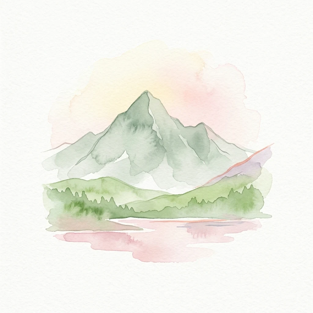 Watercolor illustration of mountains and a lake with green and pink hues