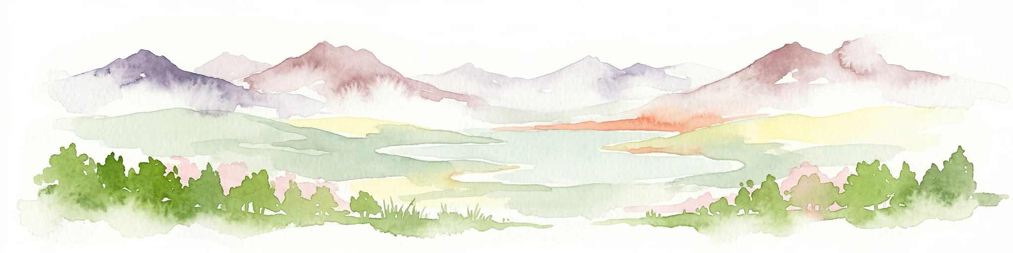 Ilustración de acuarela de un paisaje montañoso con bosques verdes y una masa de agua.