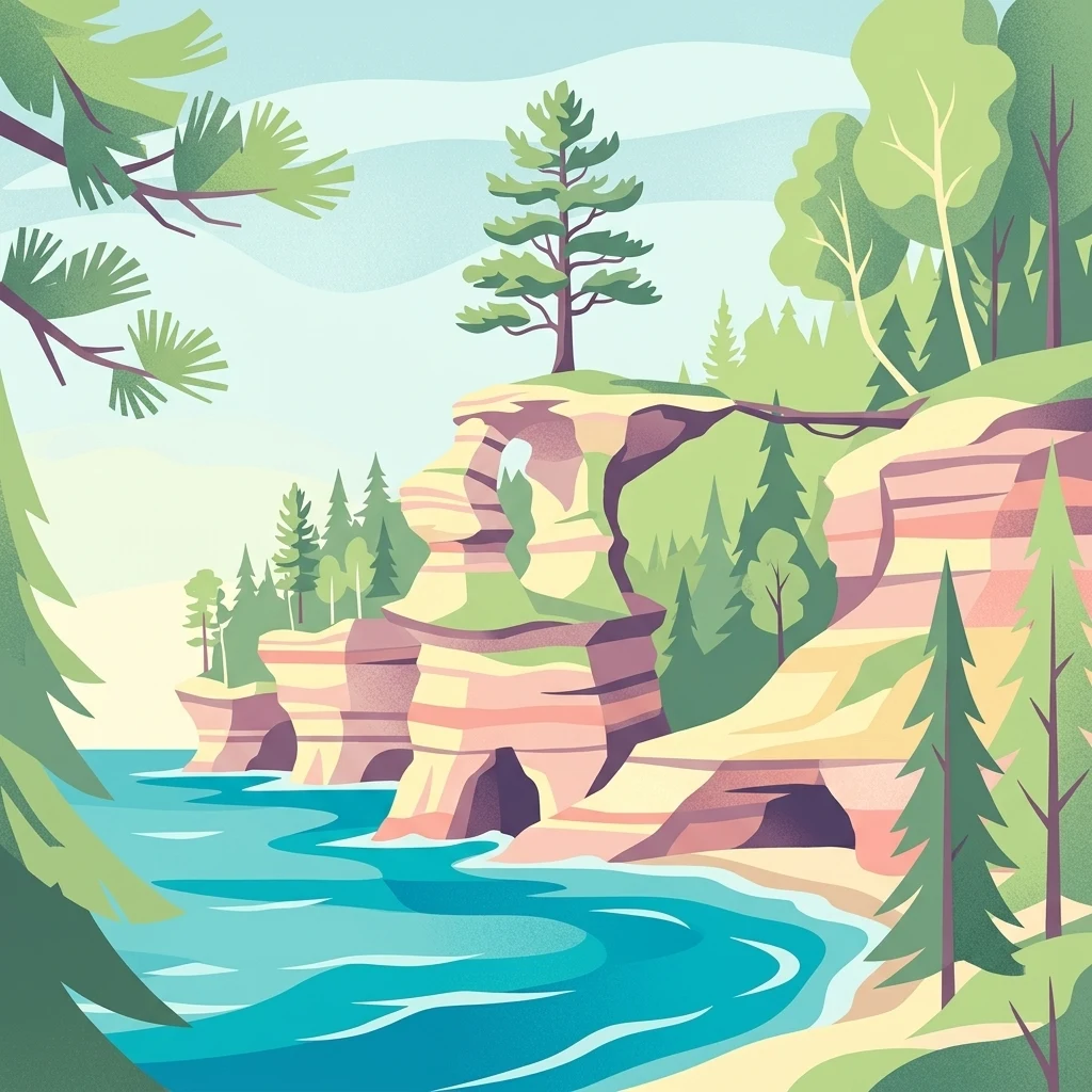 Una ilustración digital estilizada de acantilados de arenisca rayada con arcos naturales que se elevan sobre un lago azul, rodeados de bosques de pinos.