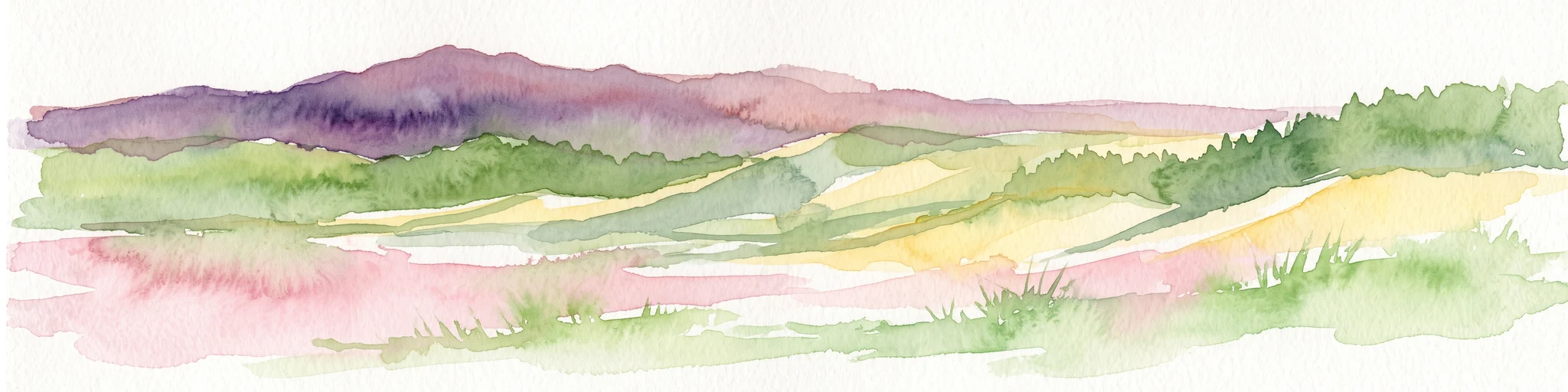 A watercolor painting showing a rolling landscape with green fields, sandy dunes, and a purple mountain range in the distance.