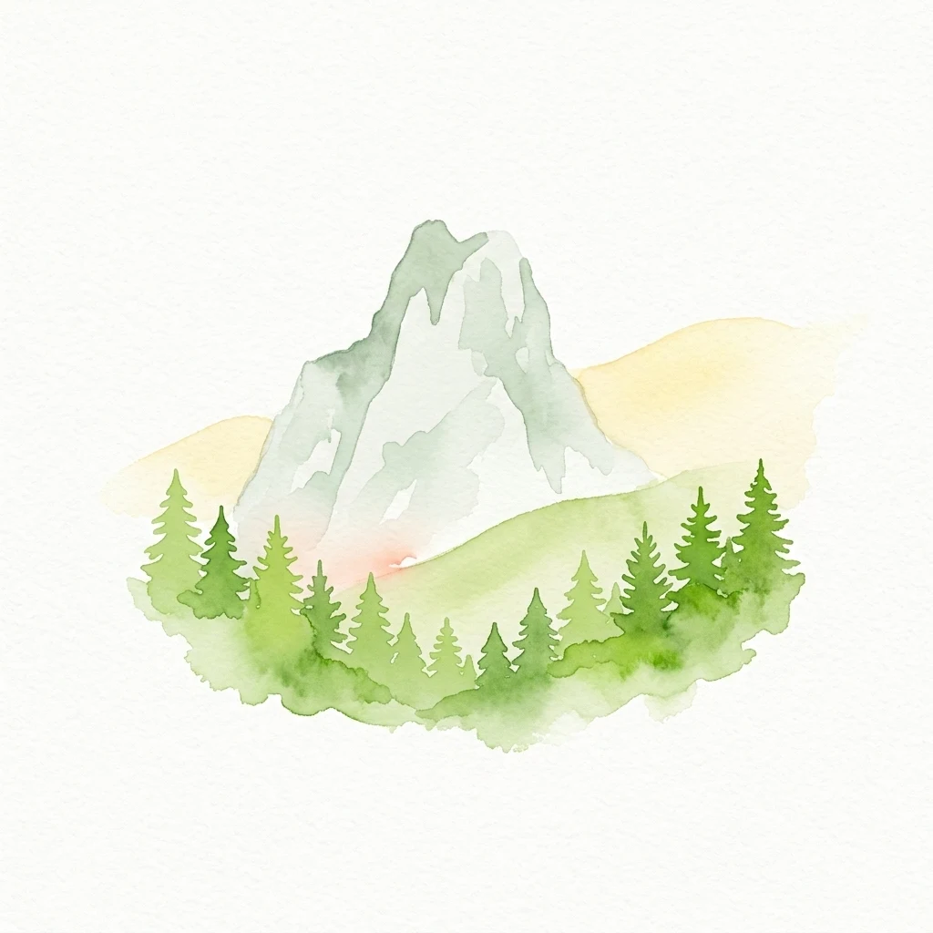 Watercolor illustration showing a mountain peak with green trees in the foreground and yellow sky in the background