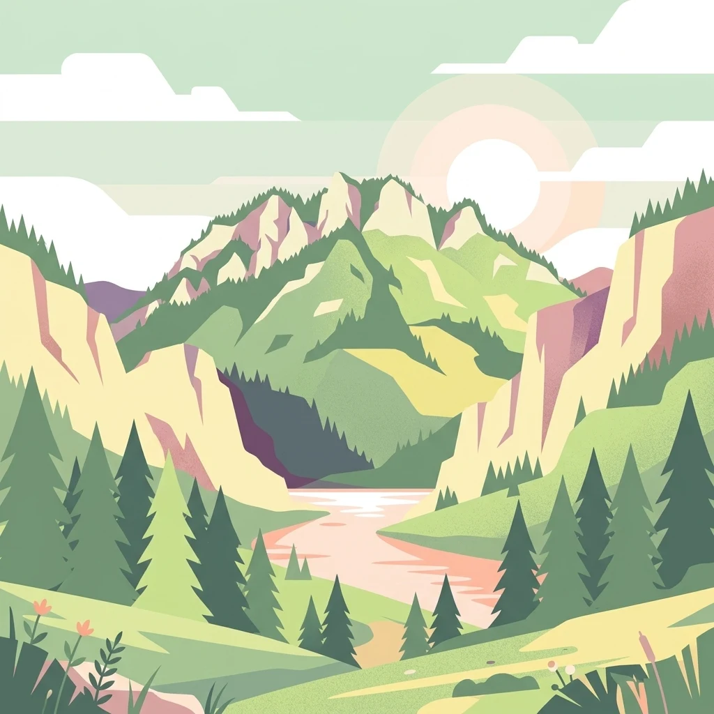 Stylized illustration of a mountain valley with forested slopes, a river flowing through the valley, and cliffs with green mountains under a partly cloudy sky.