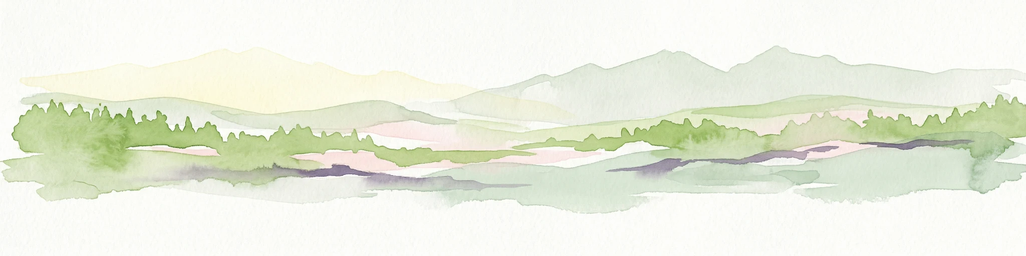Watercolor illustration of a mountainous landscape with green forests and a river