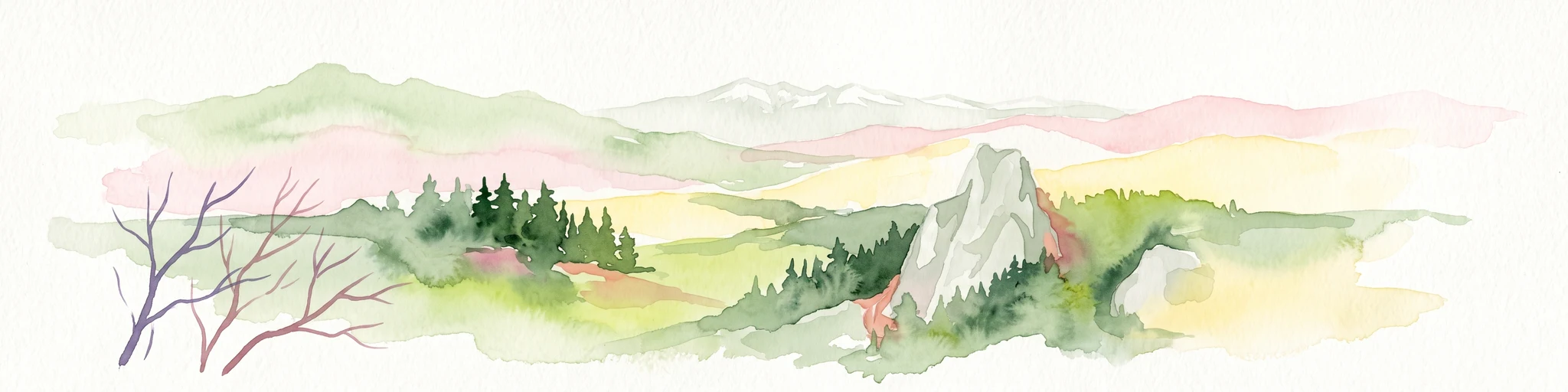Una pintura horizontal en acuarela que muestra crestas estilizadas de las montañas Pieniny, bosques de coníferas y una prominente formación rocosa de piedra caliza contra un suave paisaje pastel.